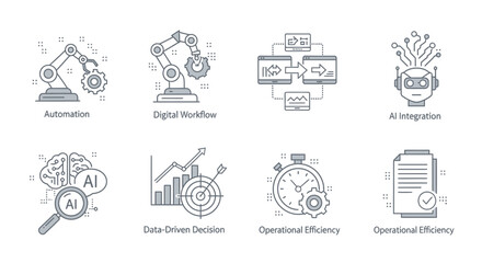 Fototapeta premium Artificial Intelligence and Automation Icons: AI, Workflow, Robotics, Data, Efficiency