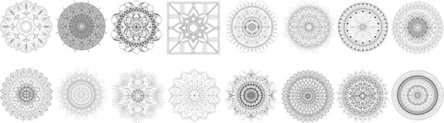 set of elegant black and white mandala on transparent background
