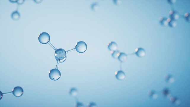 Abstract blue background with floating tetrahedral molecules in macro slow motion