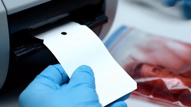 Gloved Hands Inserting Blank Tag into Printer at Crime Scene Evidence Labeling Protocol White Tag Printing Process