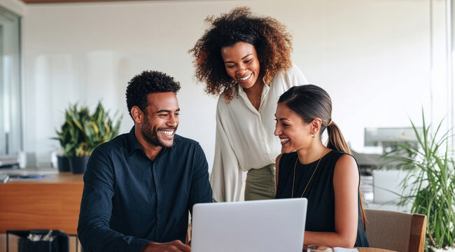 Group of three people working together on a laptop in a bright office during the day with plants in the background and modern decor