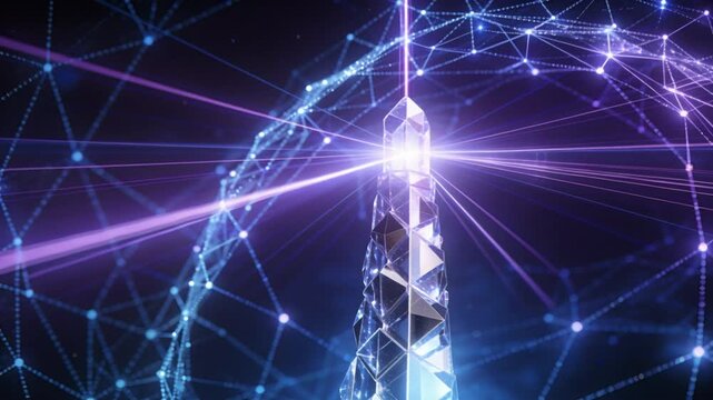 Crystalline quantum communication tower emitting entangled photon streams with a shimmering energy lattice and deep blue‑violet gradients, designed in a clean futuristic sci‑fi communication style.
