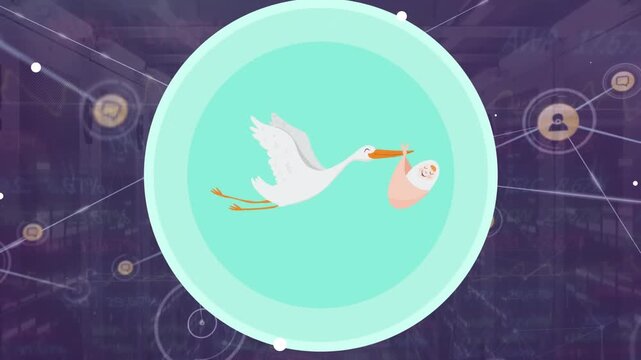 Animation of stork with baby icon over network of connections