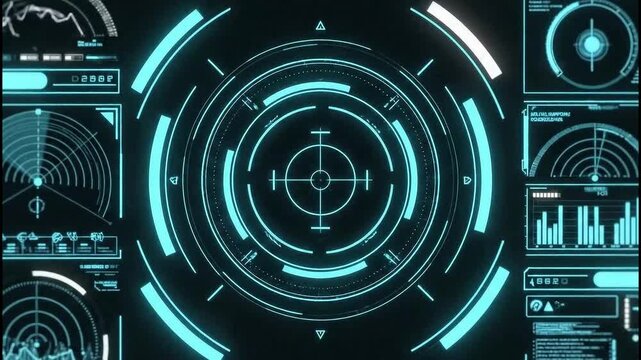 Futuristic neon-blue sci-fi radar interface glows with concentric circles and data charts