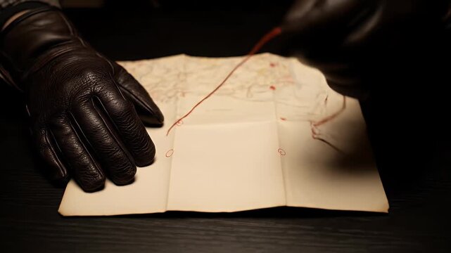 Gloves Laying Out an Old Paper Map on Black Desk with Red String Indicating Crime Scene Location and Investigation