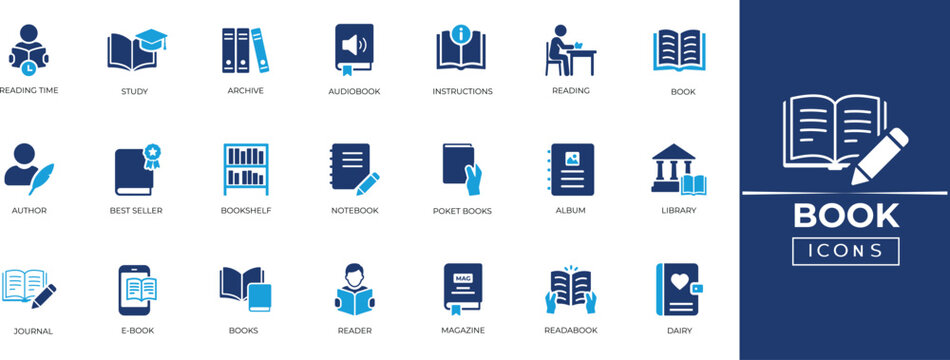 Book icon set for library, education, study, and knowledge. Vector symbols for reading, school, literature, and bookstore design. Solid icon collection. 