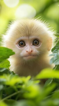 Cute baby monkey surrounded by lush green leaves, looking directly at the camera with an innocent and curious expression.