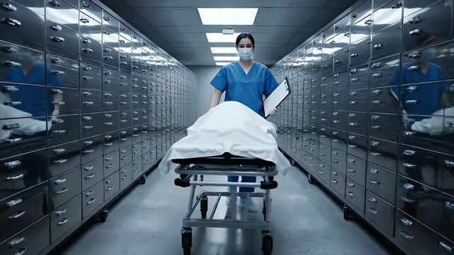 Gurney with Body Covered in White Sheet in Morgue Hallway with Metal Lockers Front View Featuring Medic in Blue