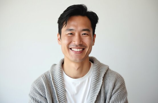 Happy Vietnamese man in his 30s wears grey knit cardigan. He smiles warmly into camera against a plain white background. This photo conveys joy and comfort.