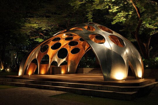 Night view of creative dome structure in outdoor garden at National Taiwan University
