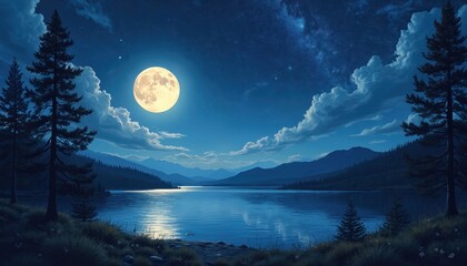Full moon shines over calm lake water with mountains on horizon. Stars twinkle in dark blue night sky, clouds drift over pine trees. Peaceful landscape.