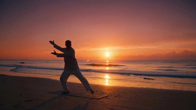 Silhouette of senior man practicing Tai Chi on beach at sunrise. Elderly male performing Qigong exercises by ocean. Meditation and wellness concept
