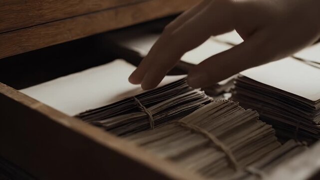Hand Reaching into Wooden Drawer Full of Stacked Envelopes Tied with Twine in Soft, Warm Light Ideal for Mystery