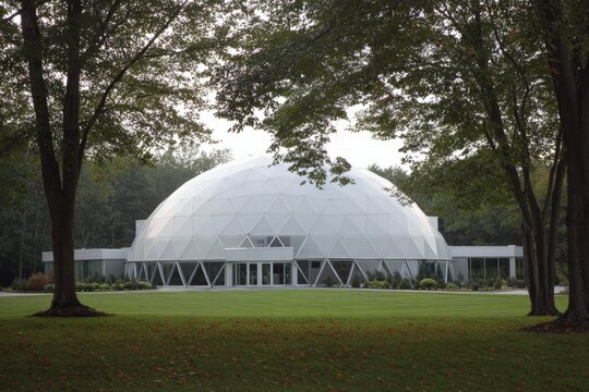 Exterior view of a large geodesic dome building on a green lawn near Fairfield