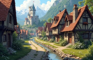 Naklejka premium Medieval village with timber framed houses and castle. A small stream flows through cobblestone path between traditional homes nestled in green valley mountains.
