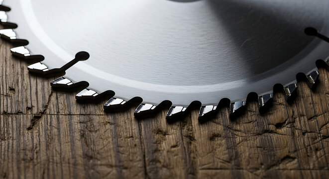 Circular saw blade cutting through wooden plank with sharp teeth close-up view