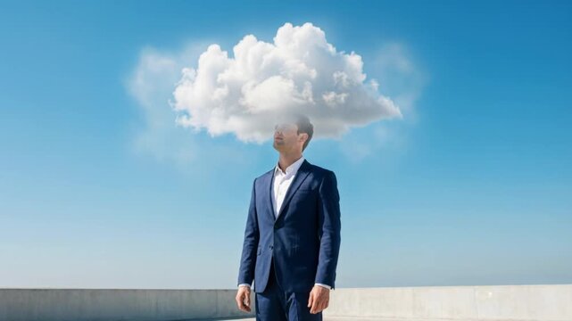 Businessman with his head in a cloud on a rooftop. The cloud rises to reveal his face as he looks up at the sky. Conceptual footage about clarity, vision, and business innovation
