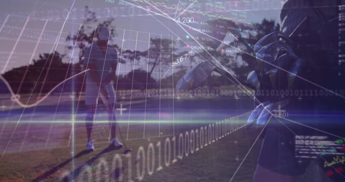 Animation of stock market data processing against man playing golf at the golf course