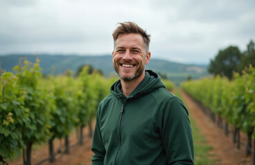 Obraz premium Man smiles in green tracksuit amid vineyard rows. Adult male wears casual sportswear in scenic wine country. Outdoor portrait shows him happy in nature against hilly landscape.