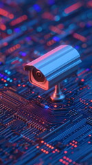 Surveillance Tracking Analytics Modern Surveillance Camera on Digital Circuit Board with Neon Blue and Red Lighting Technology Concept