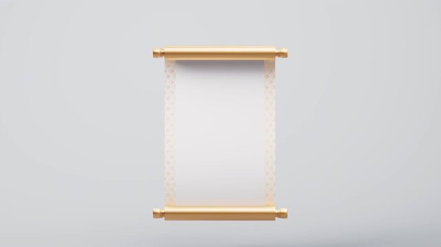 Blank golden oriental scroll opening vertically on white background for greeting or invitation motion footage
