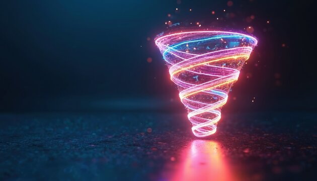 Swirling neon light vortex on dark background. Glowing energy streams spiral into a funnel shape. Abstract digital transformation or data processing. - Powered by Adobe