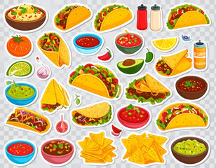 A vibrant collection of tacos and Mexican dishes, illustrated with bold colors and playful details, presented in a flat lay style on a transparent background from a directly overhead viewpoint.