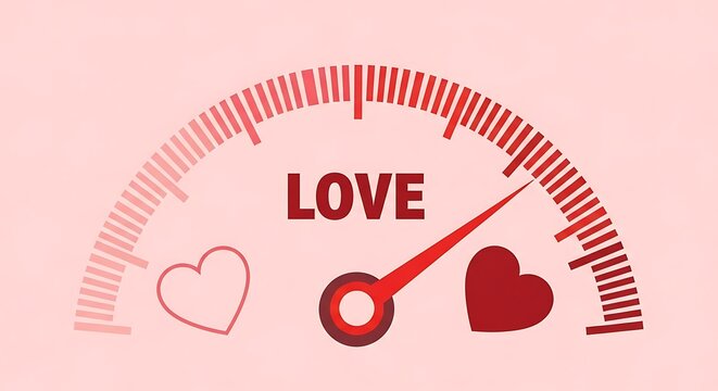 A graphic illustration of a love meter with a red needle pointing to maximum love on a pink background.
