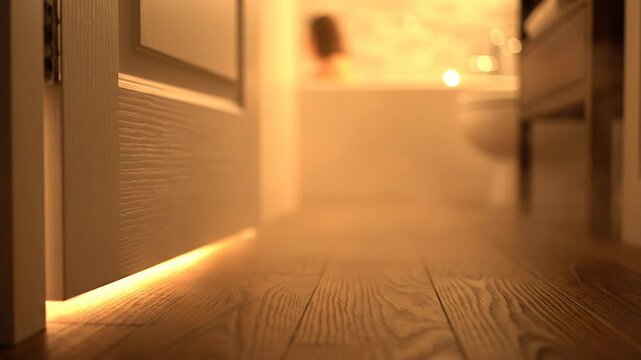 Intriguing hallway ambiance with illuminated door threshold and faint misty atmosphere
