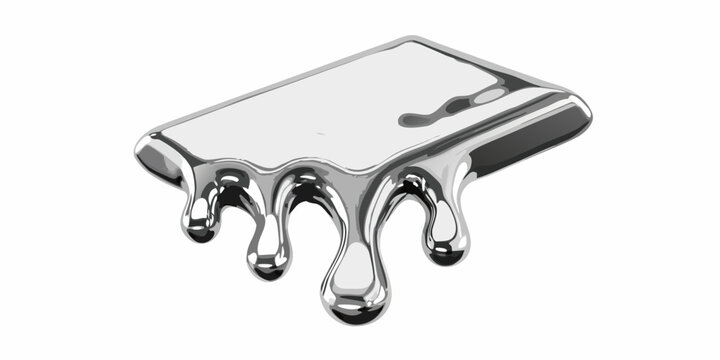 A realistic rendering of melting silver liquid dripping from a rectangular form