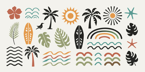 Stylized summer themed illustrations flowers palms sun waves and rainbow designs © Kabita