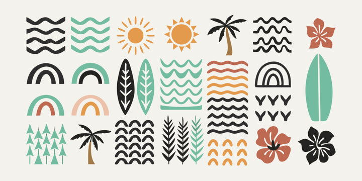 A collection of vibrant summer elements sun waves palm trees and floral designs