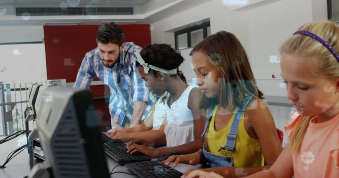 Animation of data processing over caucasian male teacher with diverse schoolchildren using computers