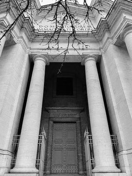 Rome, Italy - January 24, 2026: Architectural detail of the monumental fa&ccedil;ade overlooking Piazza Euclide in Rome, belonging to the Basilica of the Sacred Immaculate Heart of Mary.