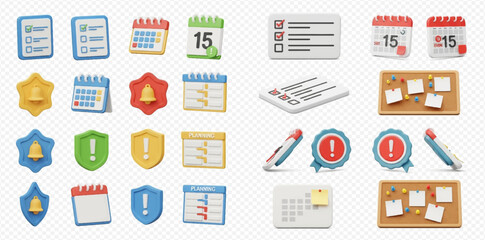 Collection of 3D icons for business, organization, and time management applications.