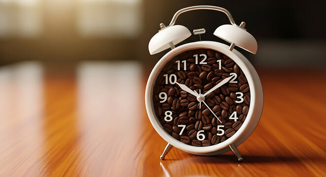 A silver alarm clock with coffee beans on its face standing on a wooden table in a blurred room