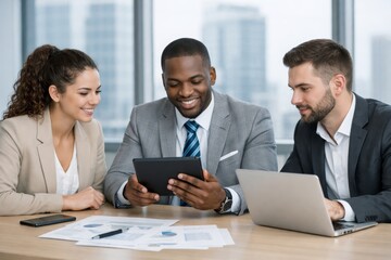 Professional team collaborating on digital tablet and laptop in modern office setting during business meeting on strategy and analysis concept. Ai generative