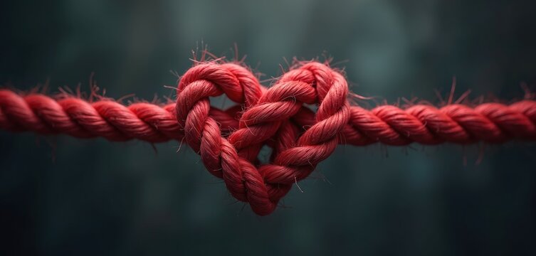 Thick red rope forms a heart shape knot on blurred dark background. Strands are tightly braided together creating a strong bond symbol. Abstract texture showcases connection and love.