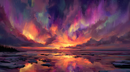 Northern lights over arctic horizon with subtle hud scanlines and dramatic clean digital mood