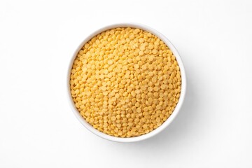 Yellow wax pellets in white ceramic bowl isolated on white background viewed from top with clean minimal layout for skincare product creative concept. Ai generative