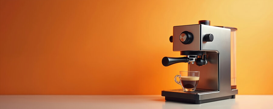 Modern espresso machine brews fresh coffee into glass cup. Shiny metal appliance prepares hot beverage in cafe or home kitchen. Aroma fills air.