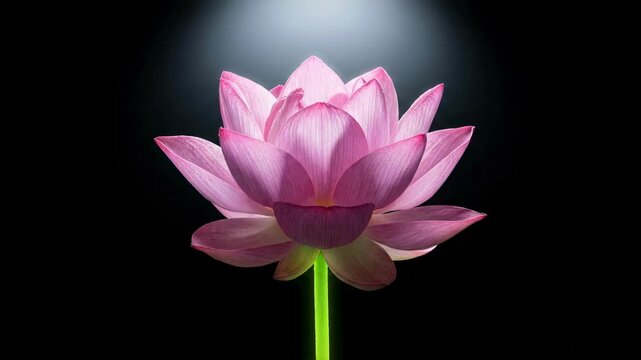 Pink lotus flower blooming against a solid black background. Macro shot of a vibrant water lily with a dramatic spotlight effect. Botanical study and nature concept. Elegant floral imagery