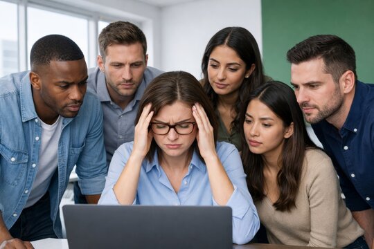 Stressed businesswoman surrounded by concerned diverse team looking at laptop in modern office space, depicting teamwork under pressure concept. Ai generative