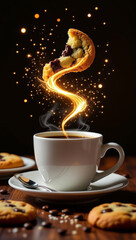Magical Coffee Morning with Floating Chocolate Chip Cookie and Golden Sparkles