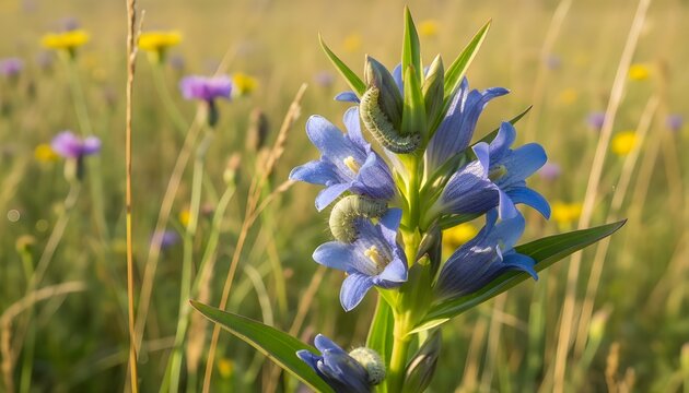 Close up of the Alcon blue caterpillars (Phengaris alcon)  on the marsh gentian in hay meadows, Hungary
