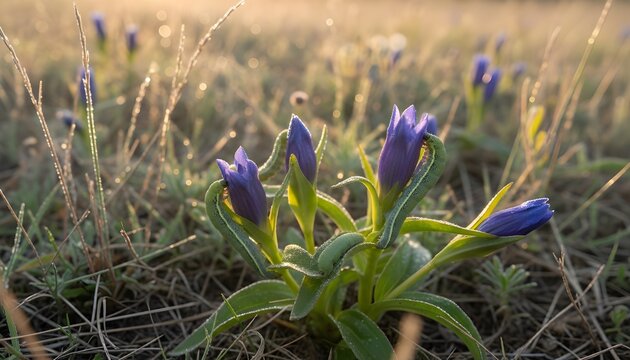 Close up of the Alcon blue caterpillars (Phengaris alcon)  on the marsh gentian in hay meadows, Hungary
