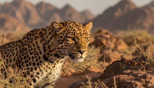 Close up of the Arabian leopard (Panthera pardus nimr) in natural habitat,  the southern edge of the Arabian Peninsula
