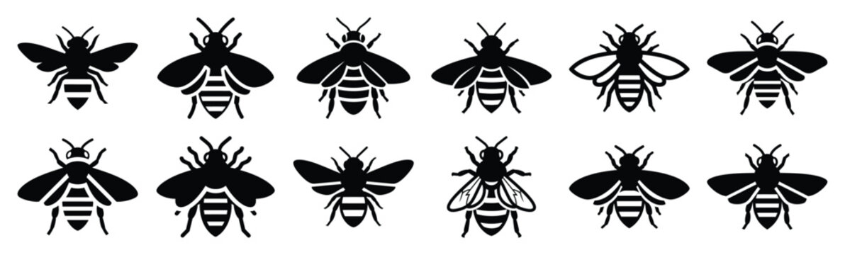 Easter bee Silhouette vector icon set. Easter vector icons on white background and Vector illustration.