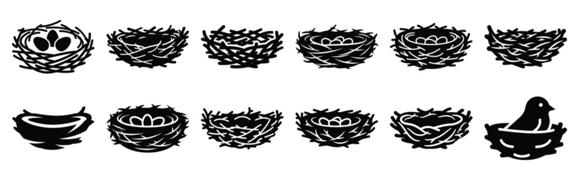 Easter bird nest Silhouette vector icon set. Easter vector icons on white background and Vector illustration.