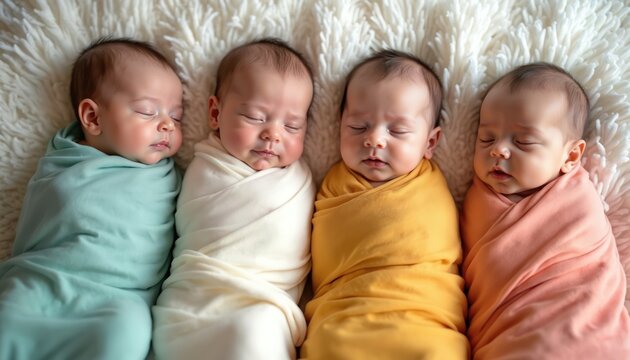 Four newborn babies rest together in colorful swaddles on soft white blanket. Adorable infants sleep peacefully, showing innocent childhood joy and family togetherness.